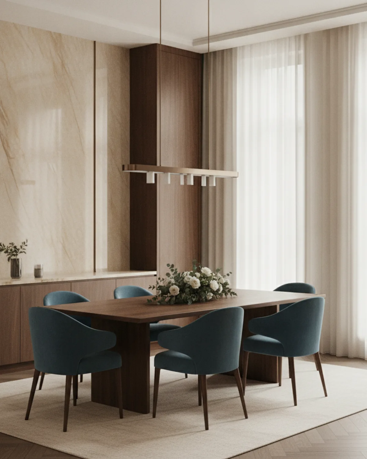 A soft, atmospheric finished dining space — marble, walnut and bronze in warm natural light