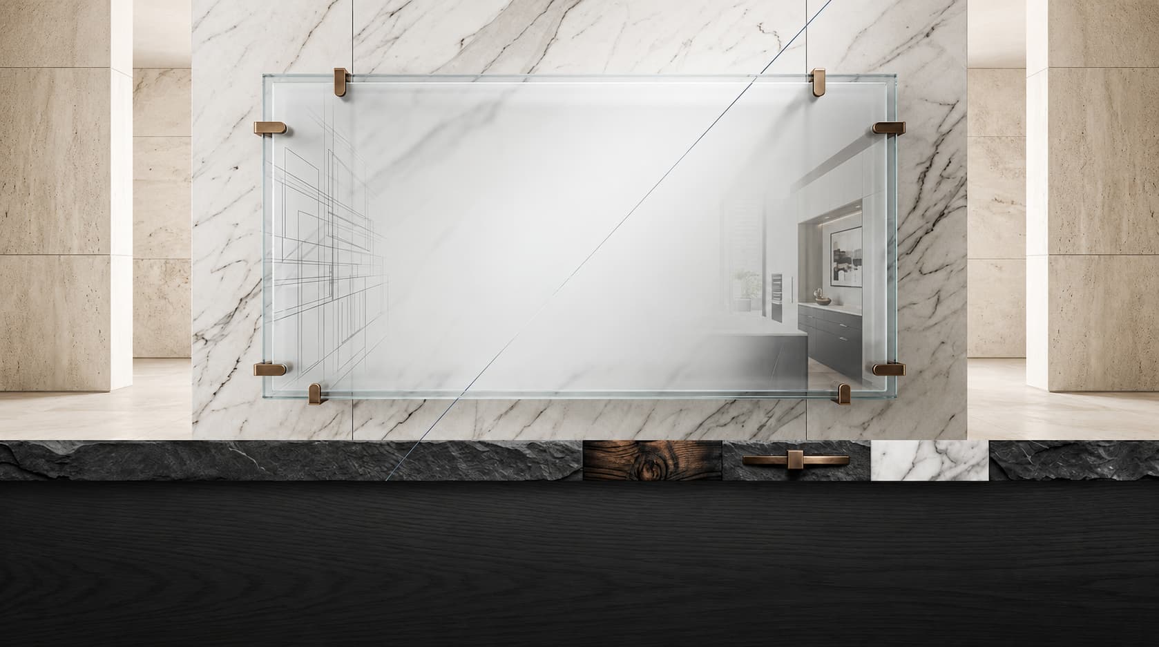 Blue Rock Contractors final CTA and footer wall with frosted glass, marble, bronze hardware, and dark oak base