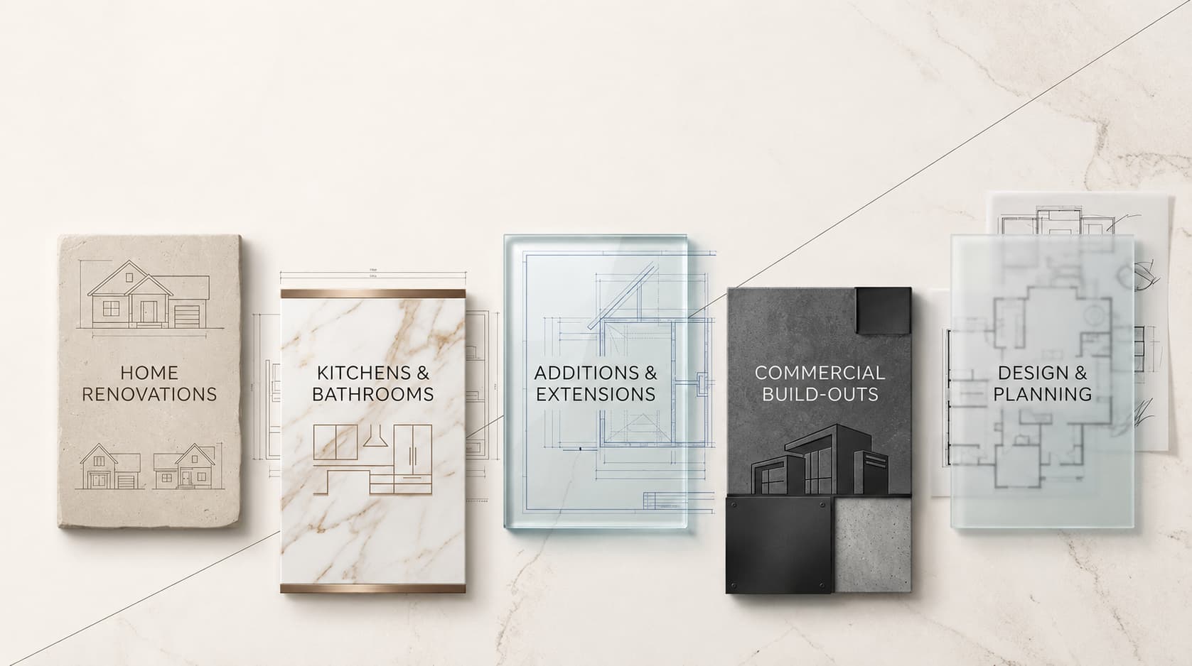 Blue Rock Contractors service material panels for home renovations, kitchens and bathrooms, additions and extensions, commercial build-outs, and design planning
