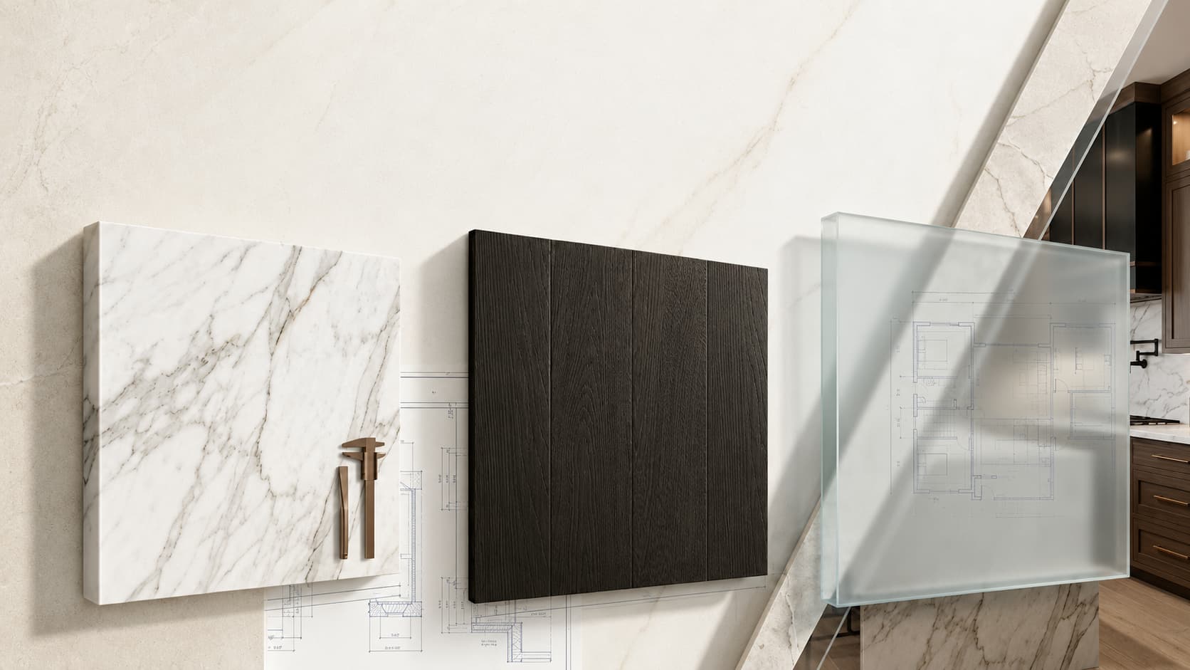 The Blue Rock Standard material board with marble, black oak, frosted glass, architectural plans, and finished interior detail