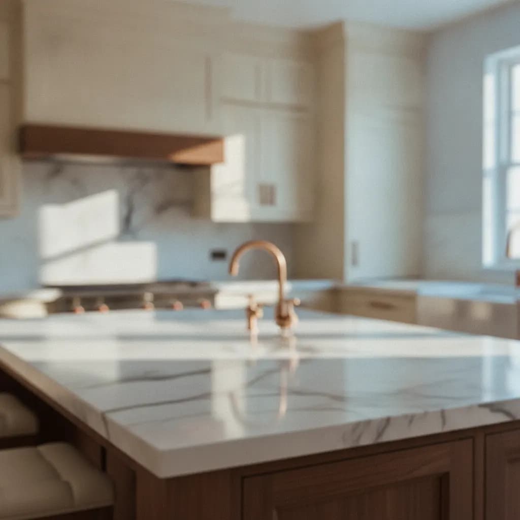 A soft, atmospheric glimpse of a finished interior in warm marble and bronze tones