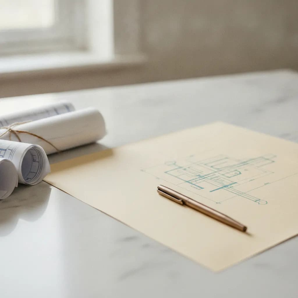 Architectural blueprints and a brushed-bronze pen on a marble desk in soft daylight