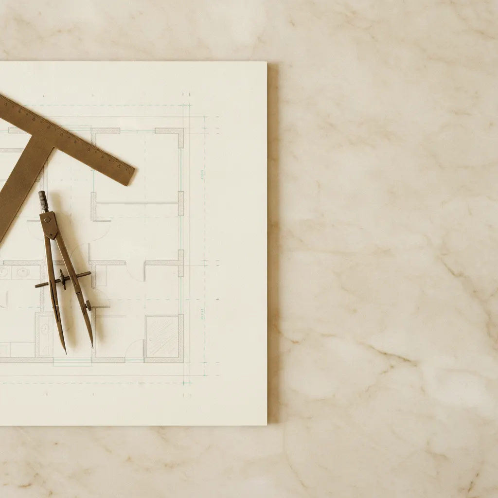 Architectural floor plan and brushed-bronze drafting tools on warm marble