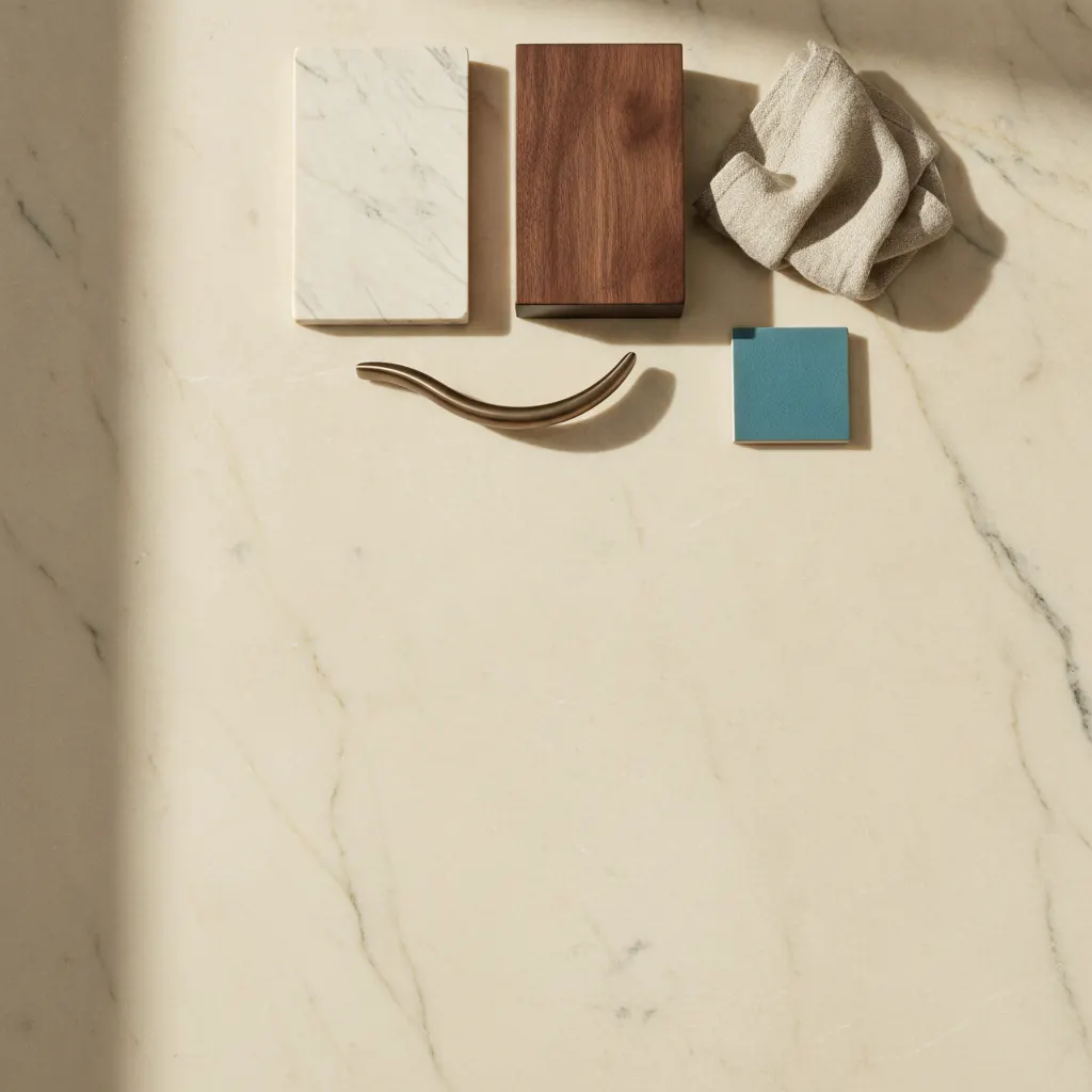 Renovation material samples — stone, walnut, bronze and linen — on warm marble