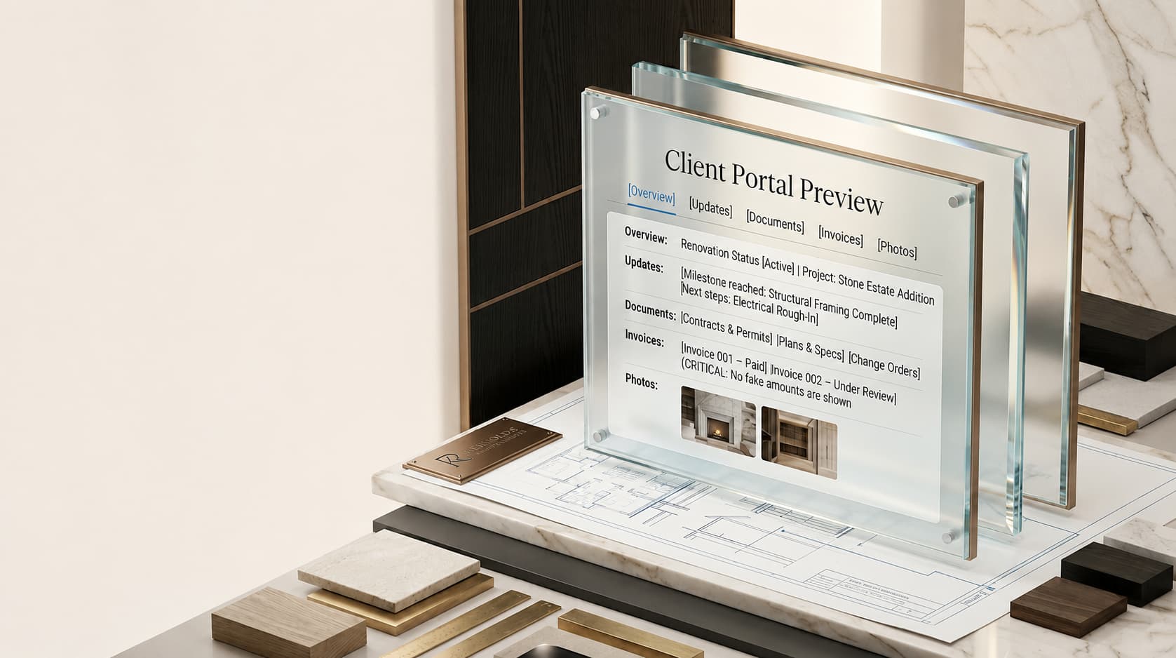 Blue Rock Contractors client portal preview displayed as layered glass panels over architectural plans and premium materials