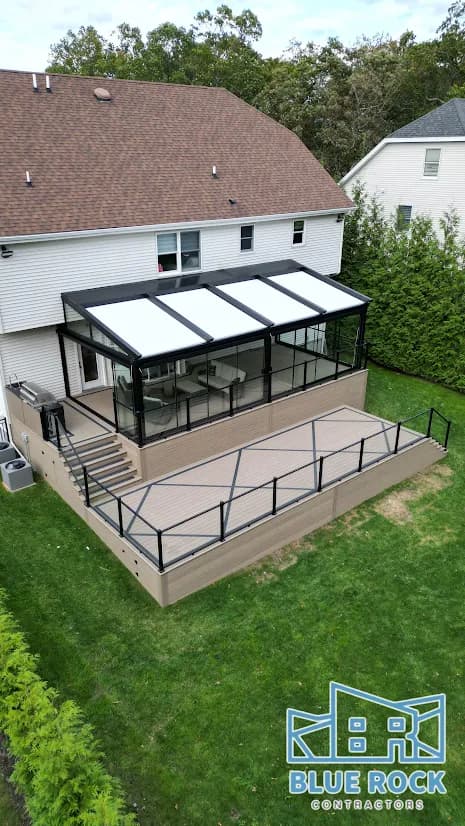 Second aerial angle of the finished pergola and rebuilt outdoor structure